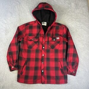 Wells Lamont Jacket Mens Medium Red Buffalo Plaid‎ Hooded Snap Flannel Shacket
